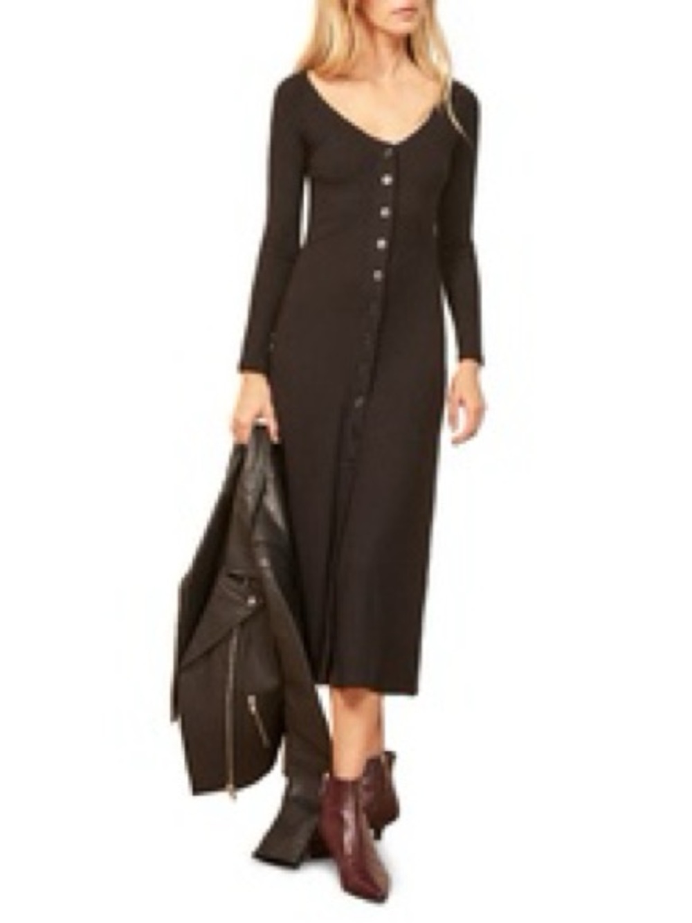Reformation Ella Ribbed Button Front Midi Dress Long Sleeve Black Large